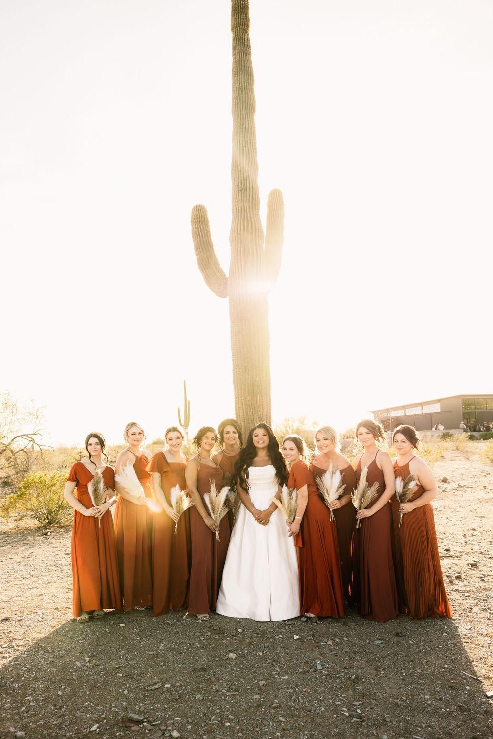 Desert wedding party poses at sunset with saguaro cactus and bridesmaids in rust-colored dresses.