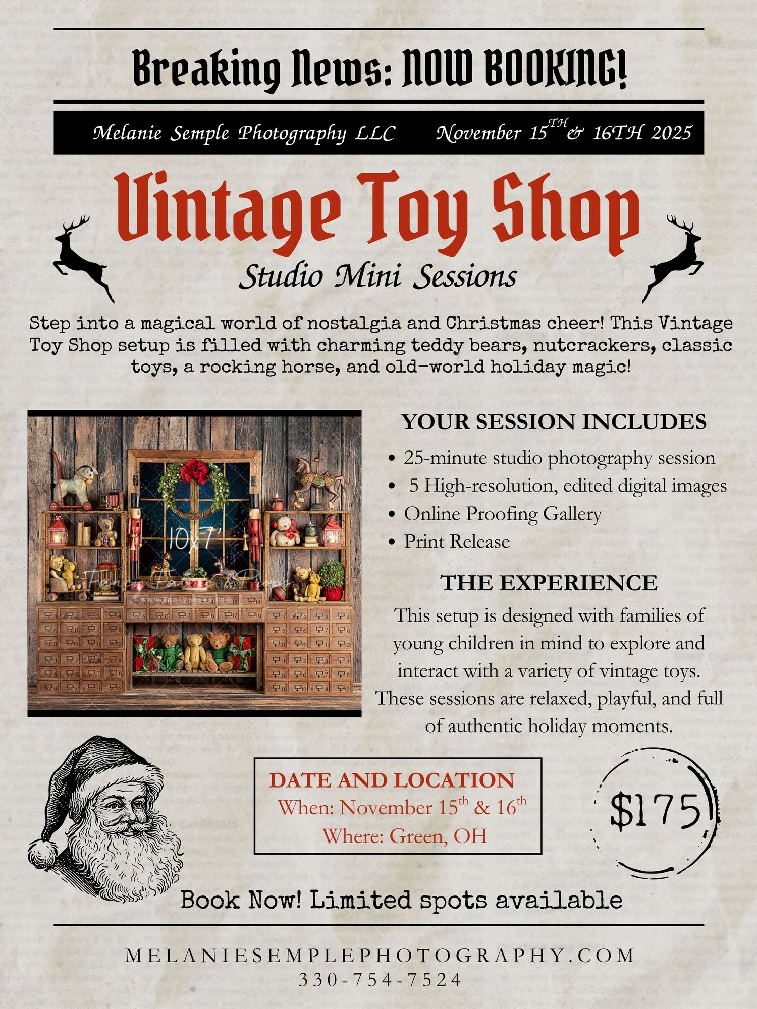 Vintage toy shop photography session advertisement with whimsical Christmas window display and holiday themed decorative details.