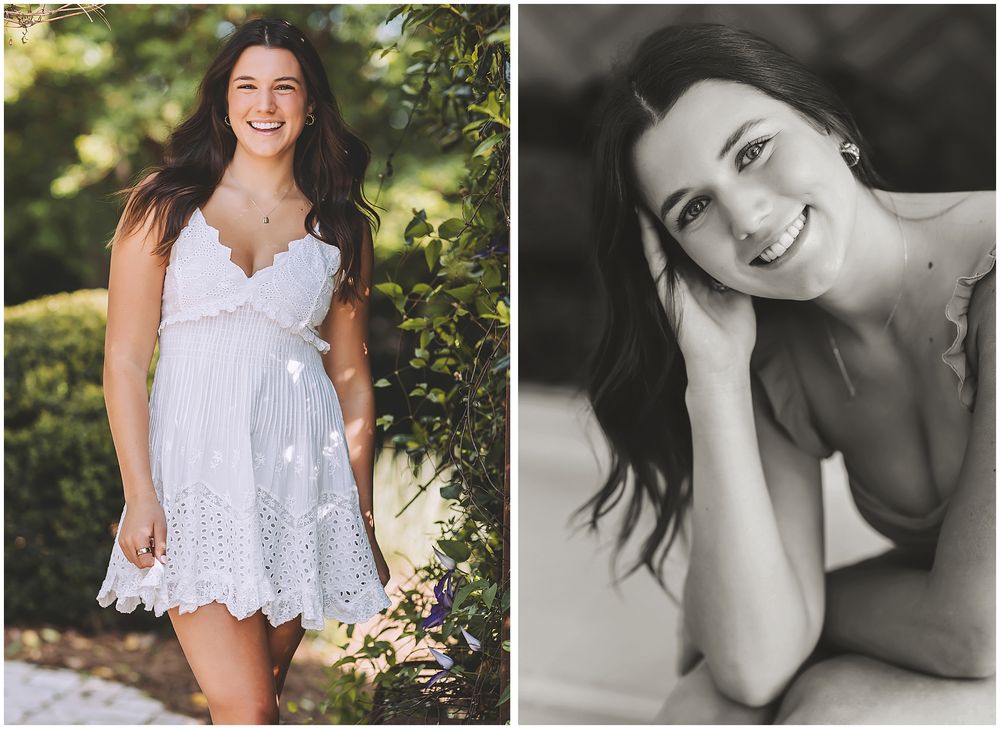 Natural light portrait series in white lace top among garden foliage.