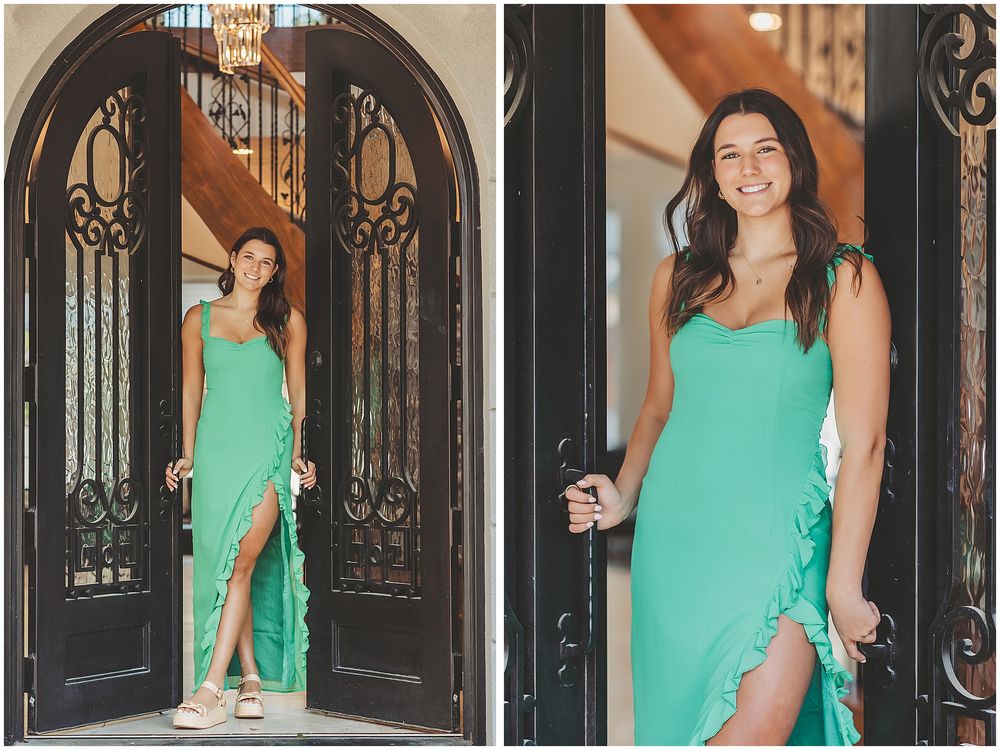 Series of portraits in mint green top posing in ornate doorway with wrought iron details.