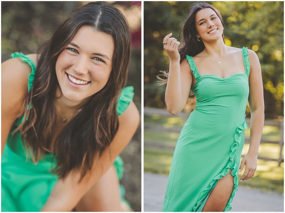 Outdoor portraits in bright mint green top with natural sunlit background.