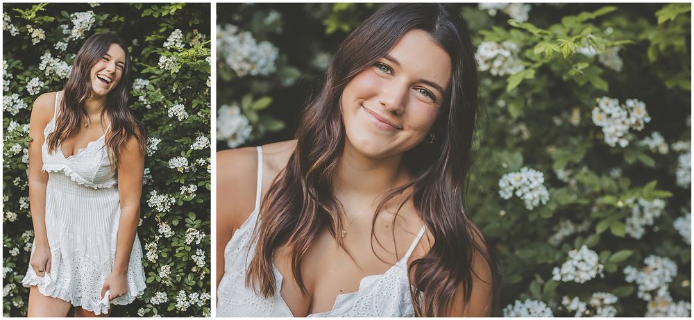Series of casual portraits in white eyelet top with flowering bushes in background.