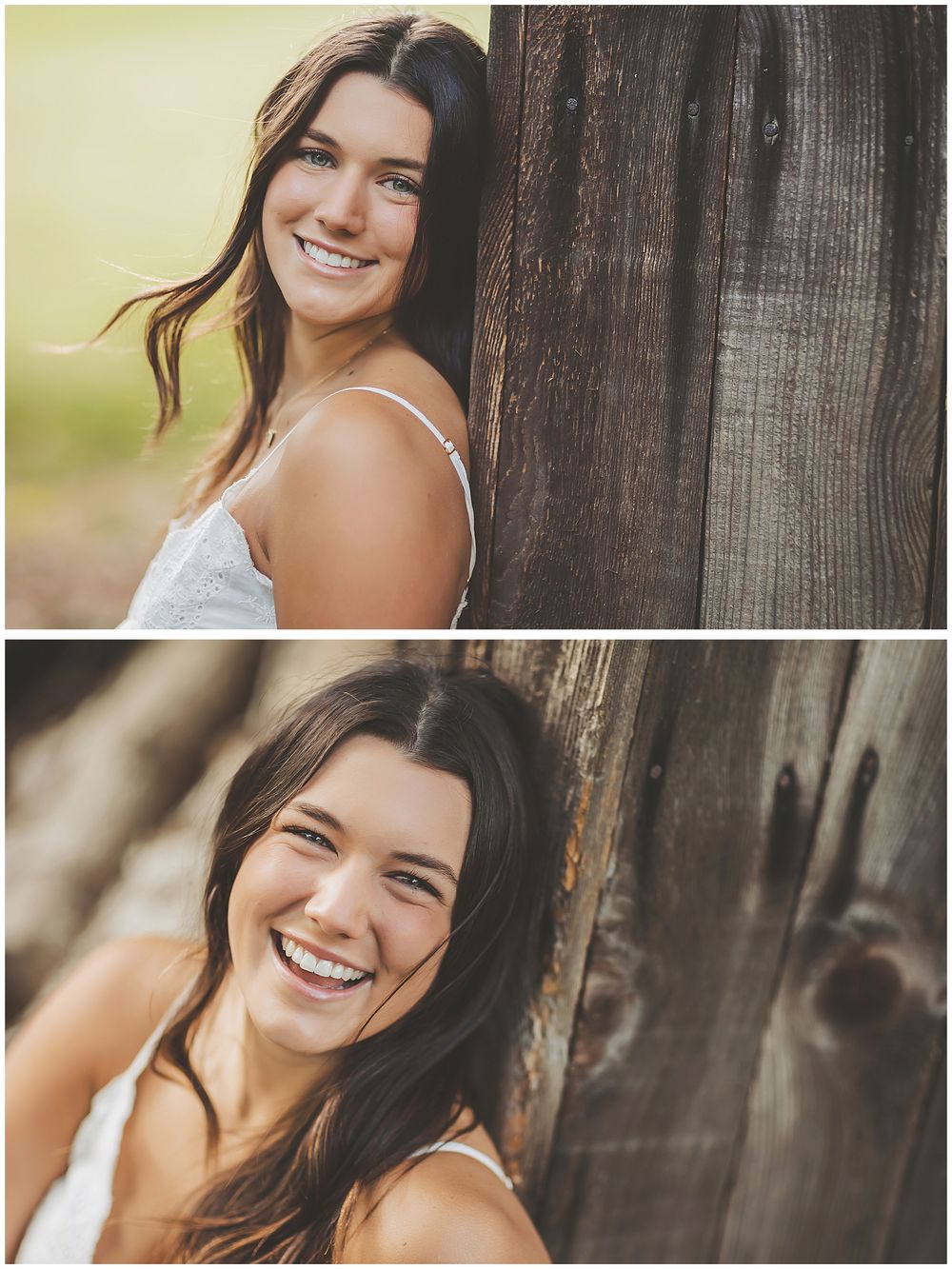 Natural light portraits against rustic wooden wall background.