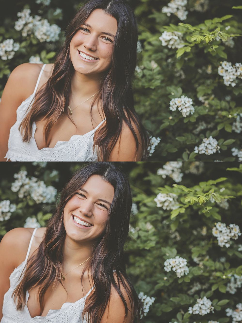 Two candid expressions captured in white lace against a backdrop of flowering bushes and greenery.