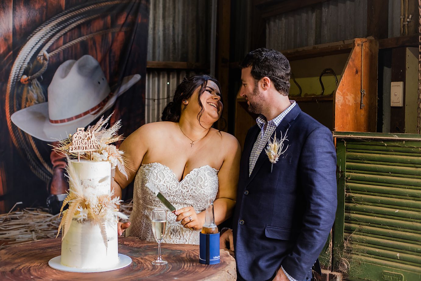 A romantic wedding couple shares tender moments in different settings through a series of candid photos.