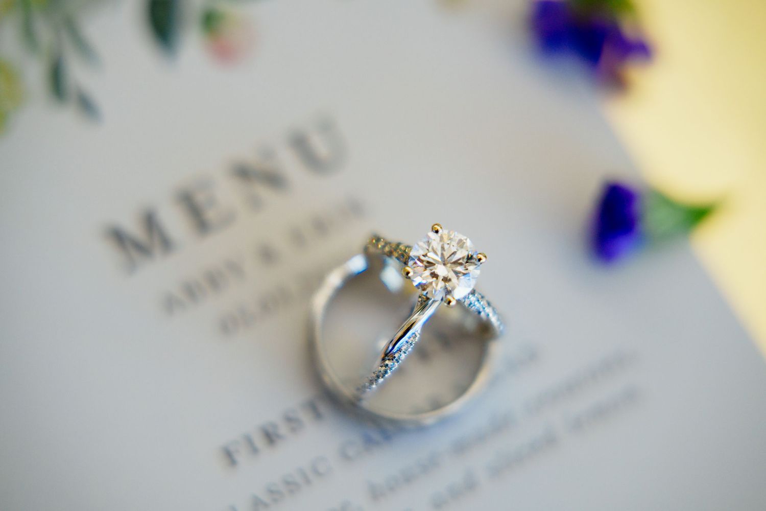 wedding reception details shot wedding ring invitation menu Trophy Club  golf club TX celebrate new bride groom banquet wedding venue