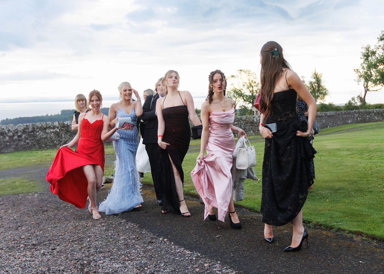 A collection of photos showing people posing together on grassy grounds in formal wear.