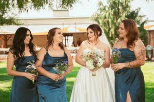 A sequence of wedding party photos showing bridesmaids in teal blue dresses gathered outdoors in celebration.