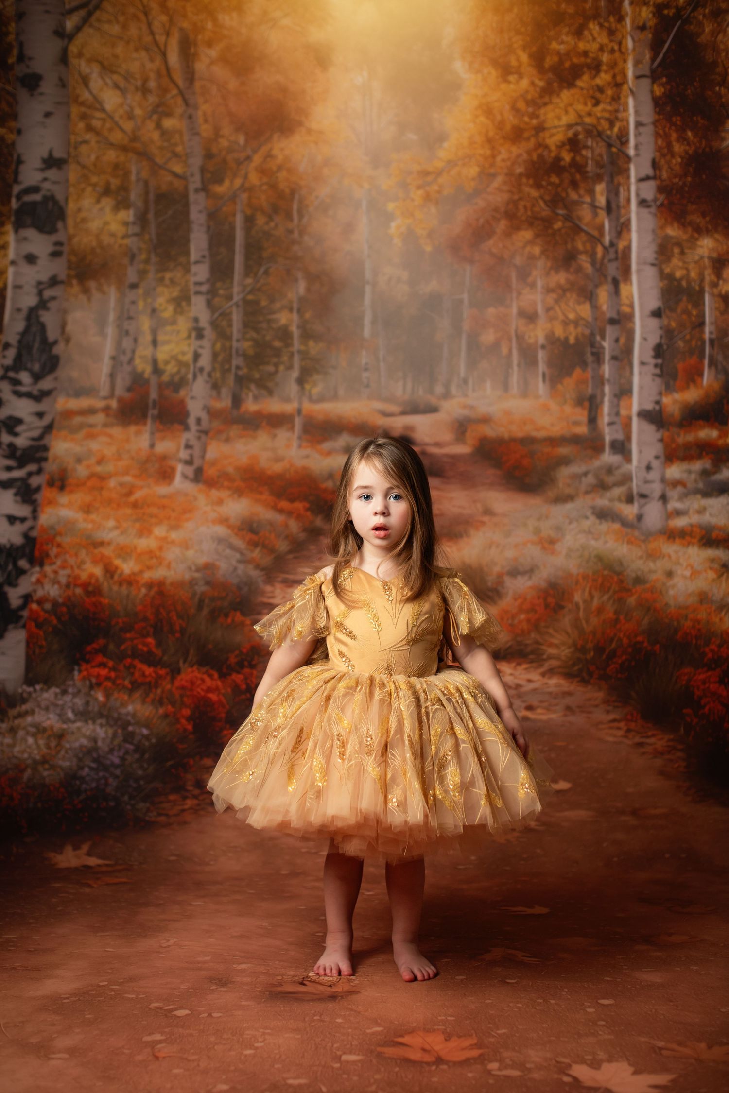A dreamy autumn forest scene featuring a gold tulle dress against a backdrop of orange and brown foliage.
