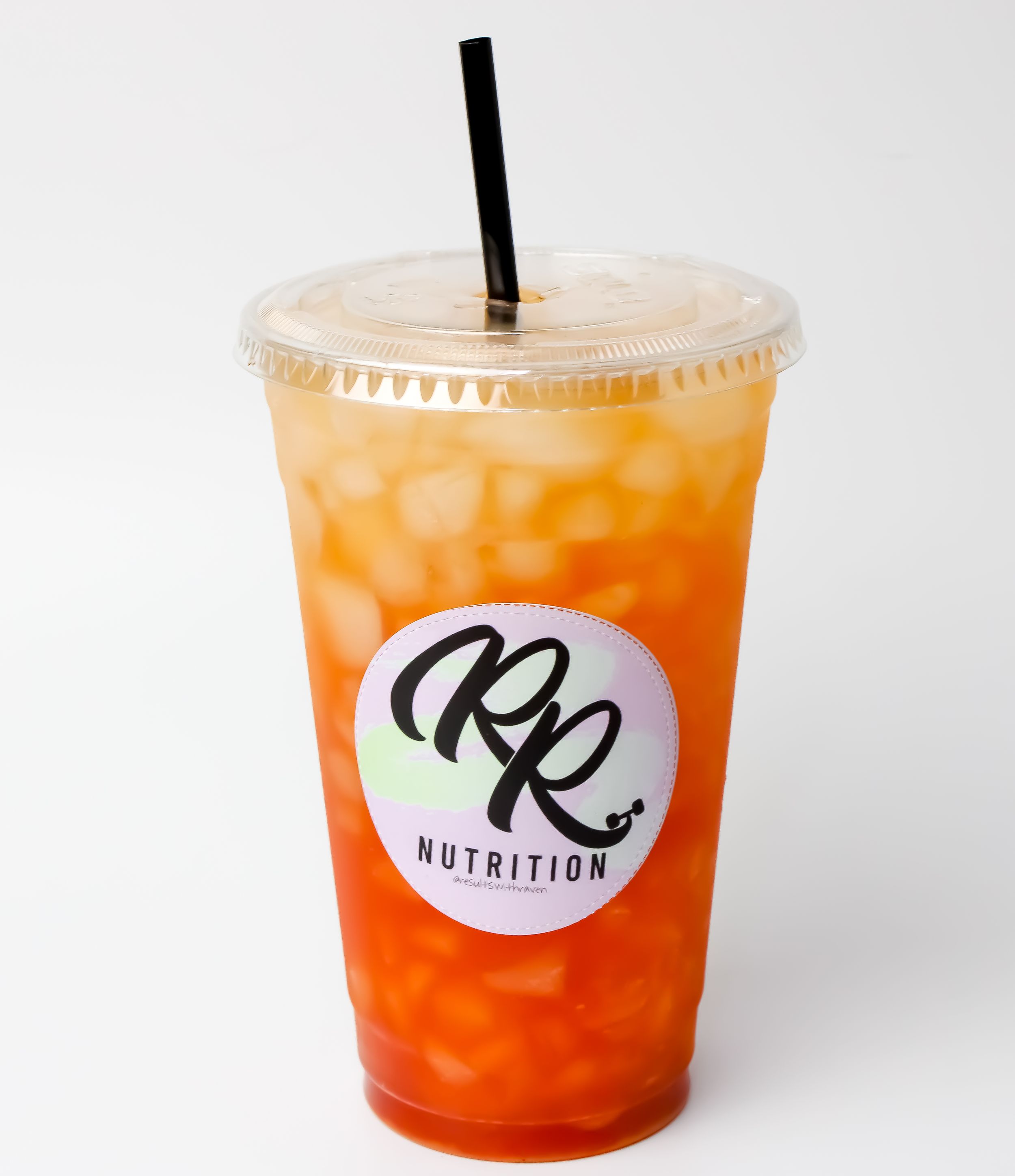 Orange iced beverage in clear plastic cup with RR Nutrition logo and black straw.