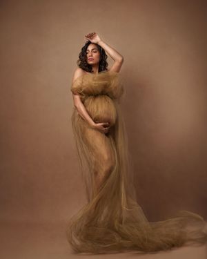 Ethereal maternity portrait in sheer gold gown against warm brown background.