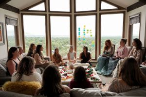 A social gathering in a room with vaulted ceilings and panoramic windows overlooking a scenic view.
