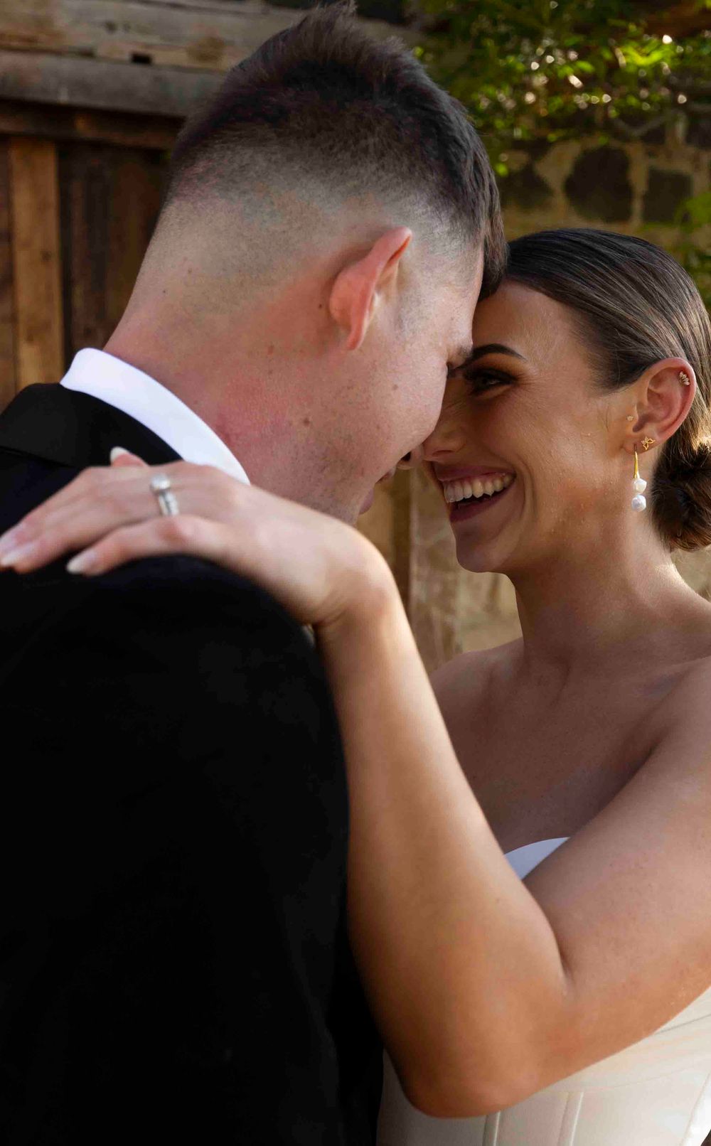 Close up of bride and groom at Warrawong Estate, Victoria