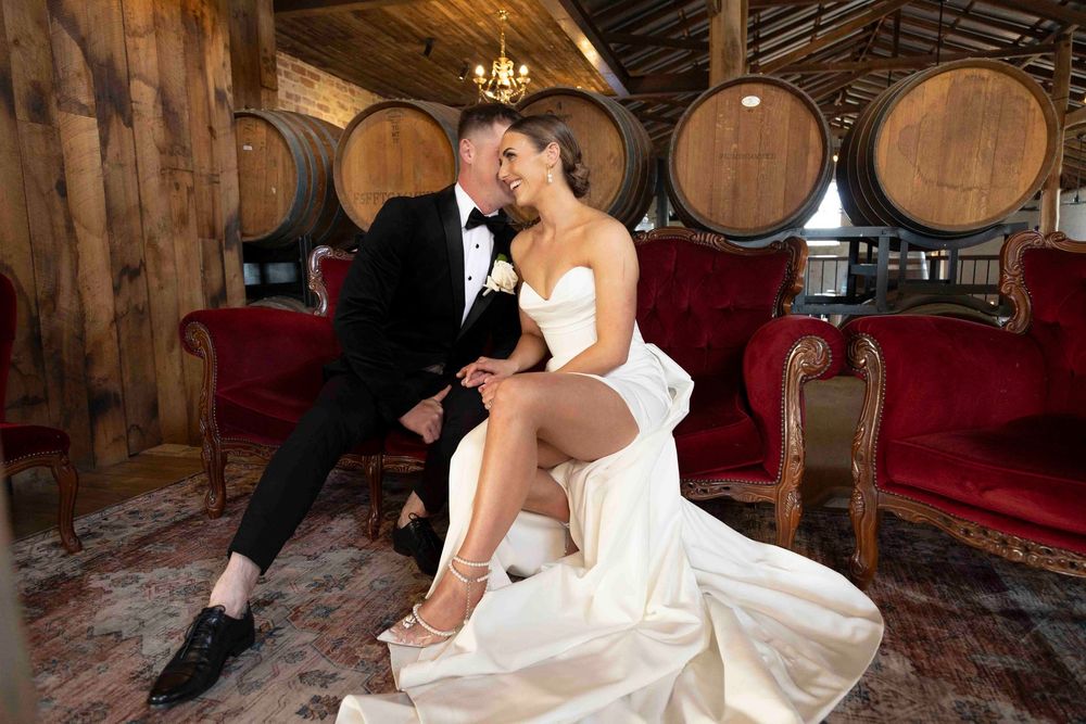 Romantic wedding couple portrait in front of barn doors at Warrawong Estate
