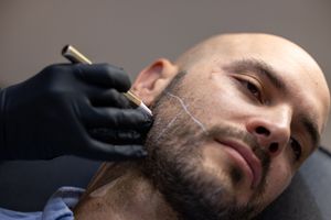 Close-up of facial grooming procedure with black gloved hands holding tool.