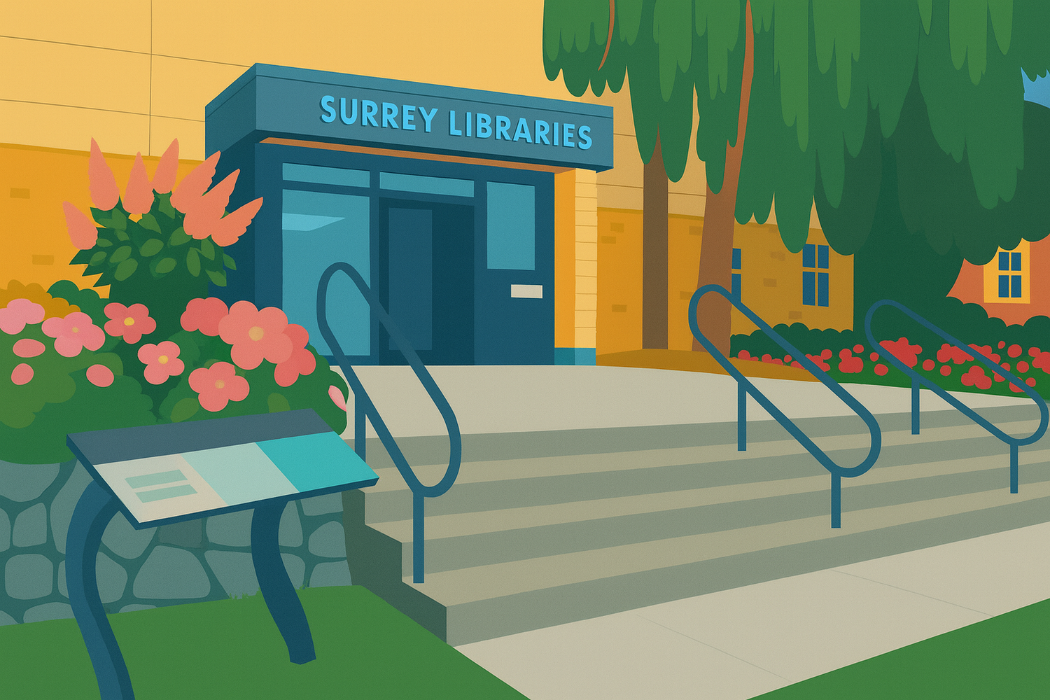 The entrance to Surrey Libraries features concrete steps with handrails, pink flowers, and trees against a yellow building.