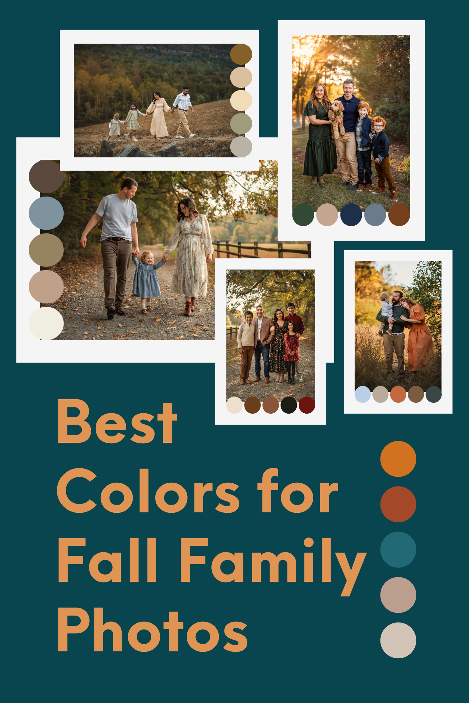 Pinterest Pin graphic for 'Best Fall Family Colors for Photos' with scattered photo collage elements showing fall color palettes