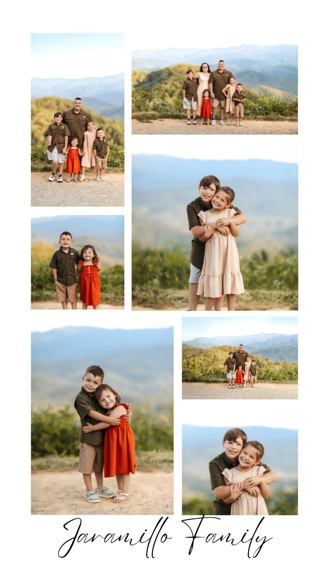 Family of six smiling and hugging in a collage of Foothills Parkway photos