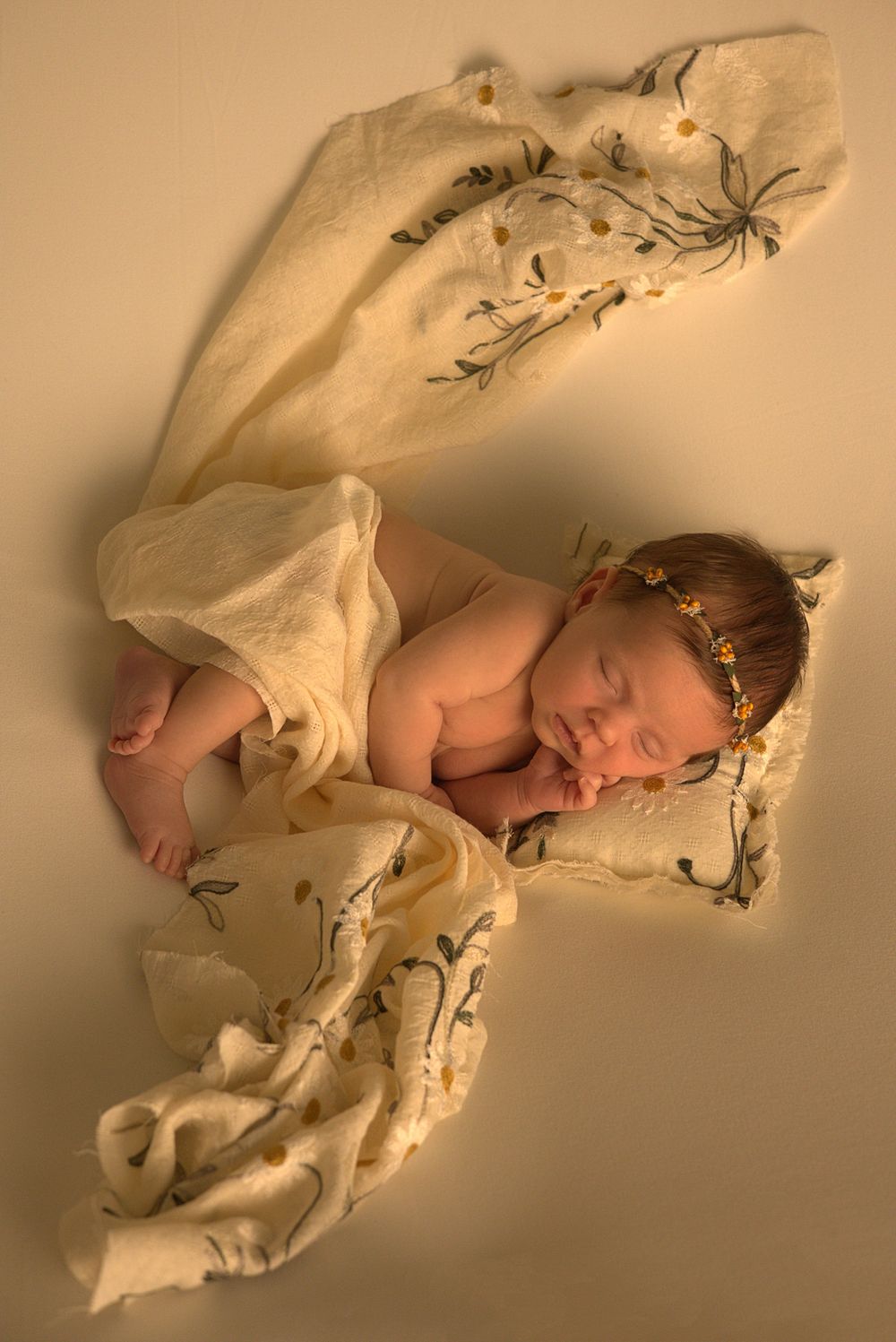 Artistic newborn portrait on embroidered fabric in gentle lighting.