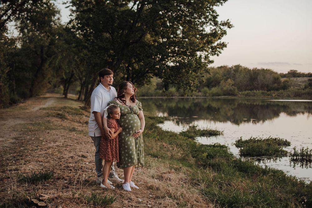 A collection of outdoor photoshoot images showing people on a lakeside path at sunset.