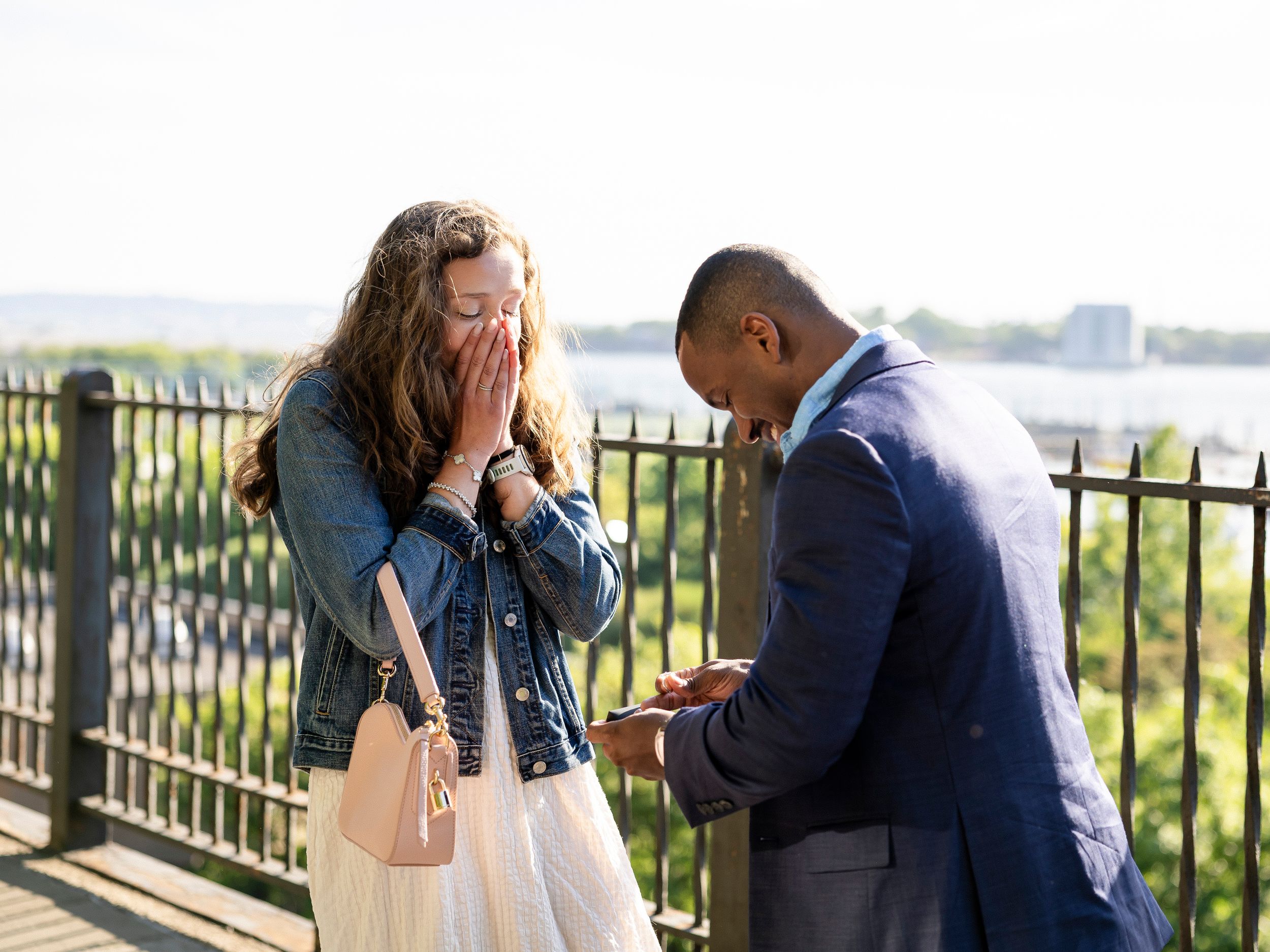 Emotional woman covers face as man proposes with ring at scenic waterfront overlook during daytime.