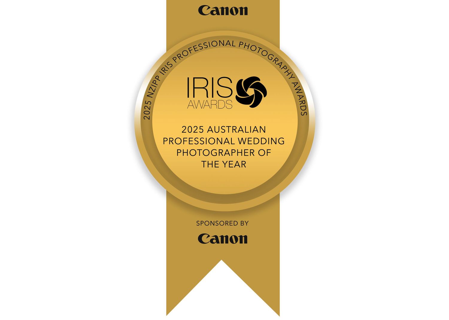 Canon photography award medallions with ribbons arranged in a horizontal row. 2025 NZIPP IRIS Wedding Photographer of the Year.