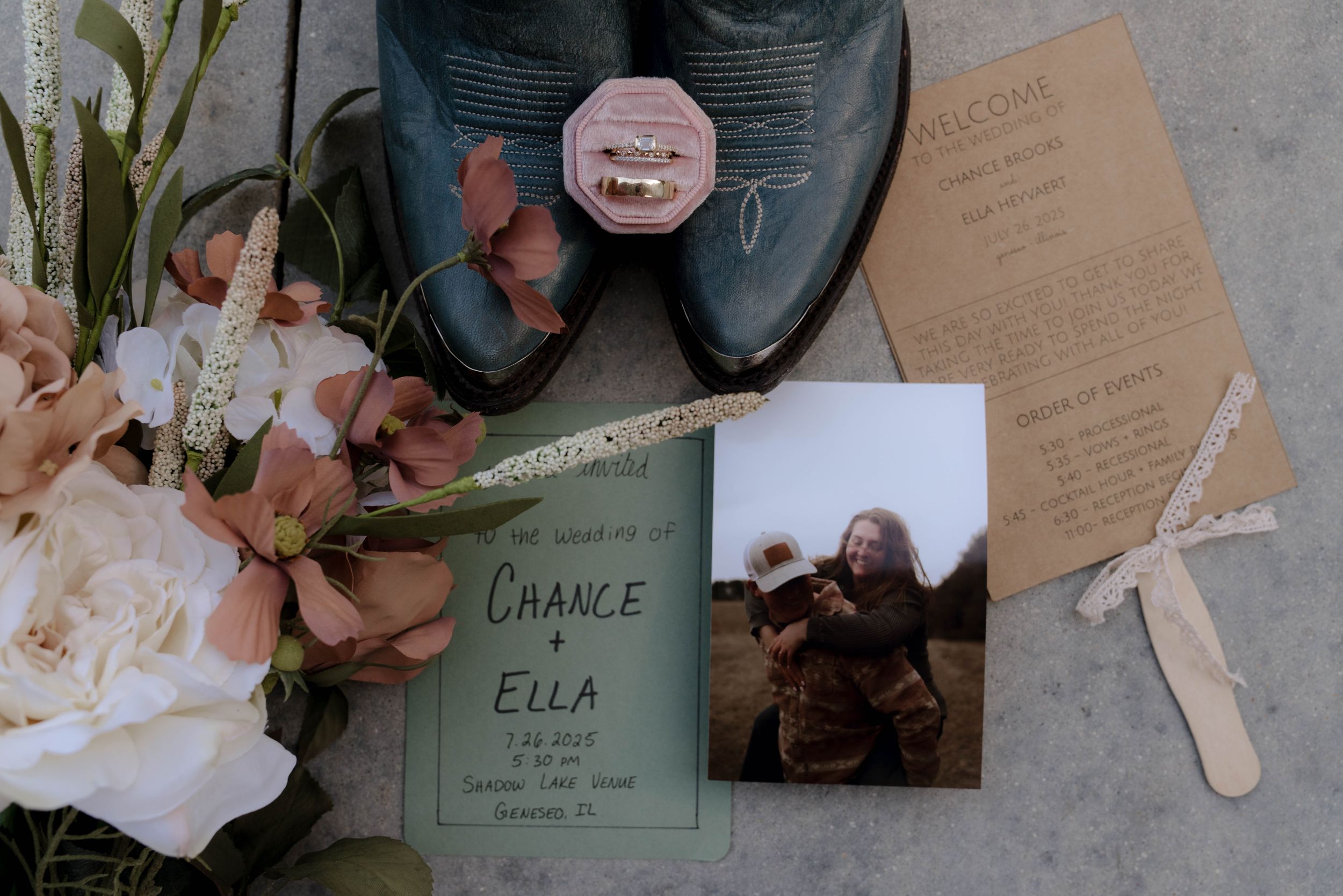 Wedding memory book with photos and handwritten notes in muted tones.
