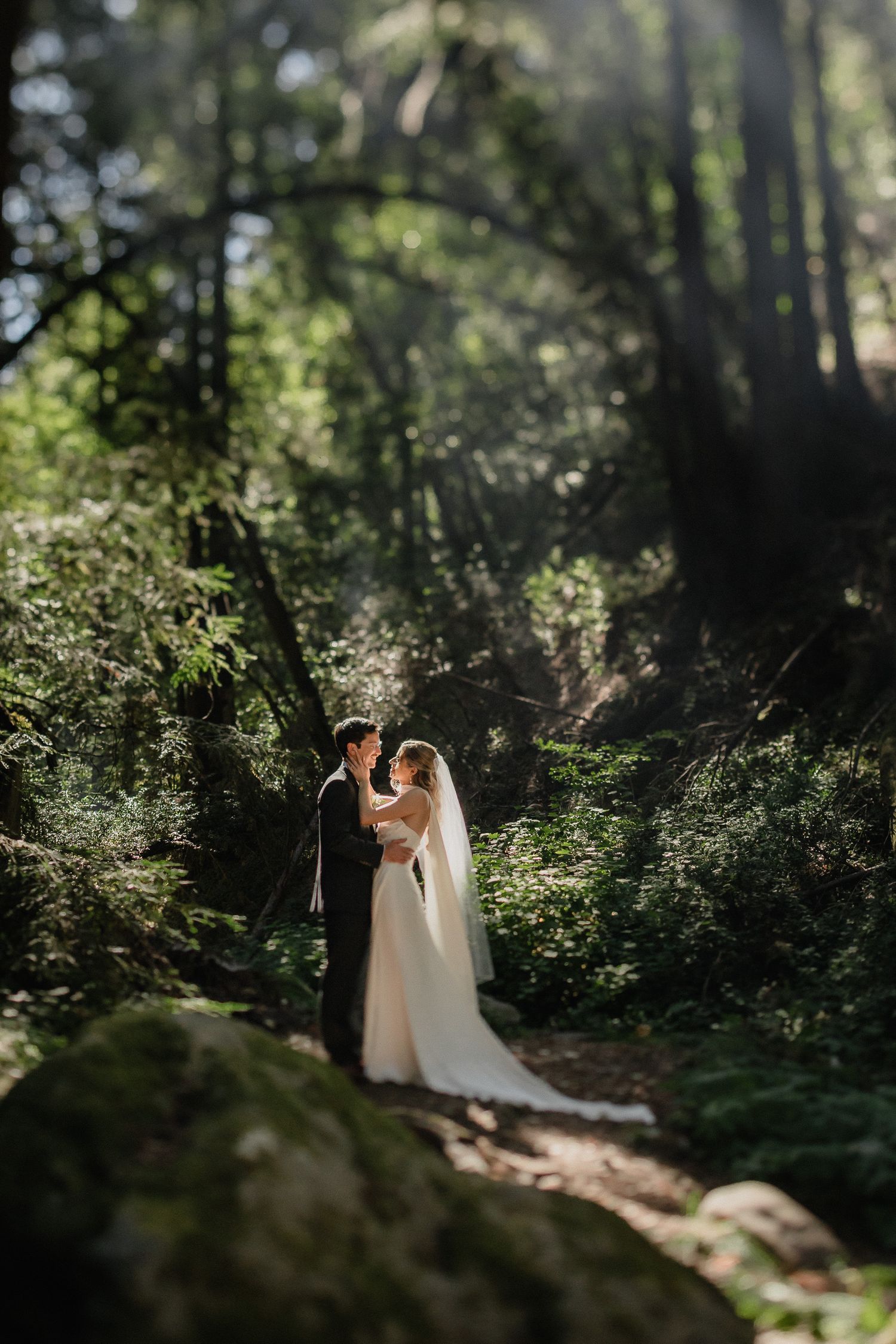 A couple in wedding attire share an intimate moment on a sunlit forest path surrounded by lush greenery.