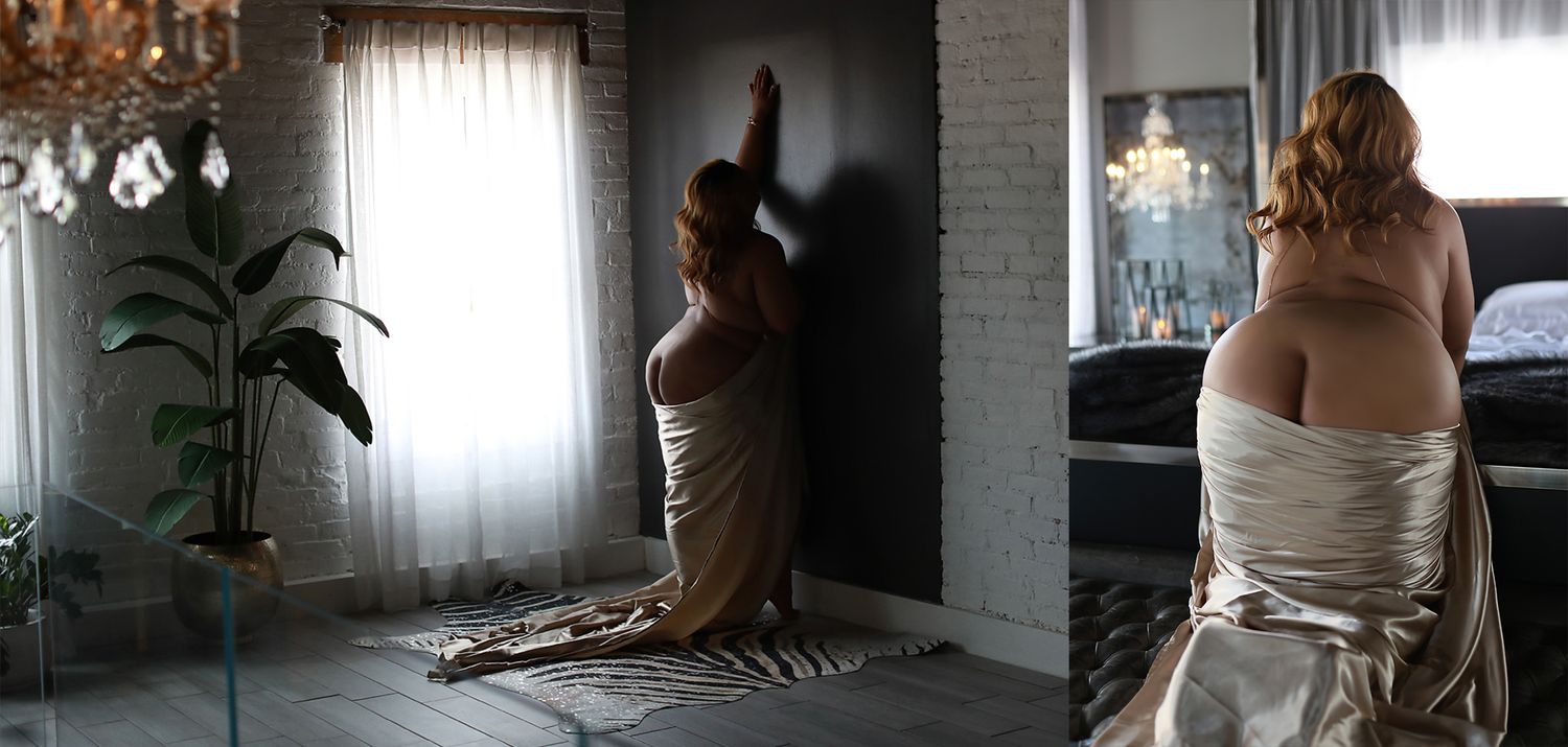 Elegant boudoir portraits showcasing figure in draped fabric against window light.