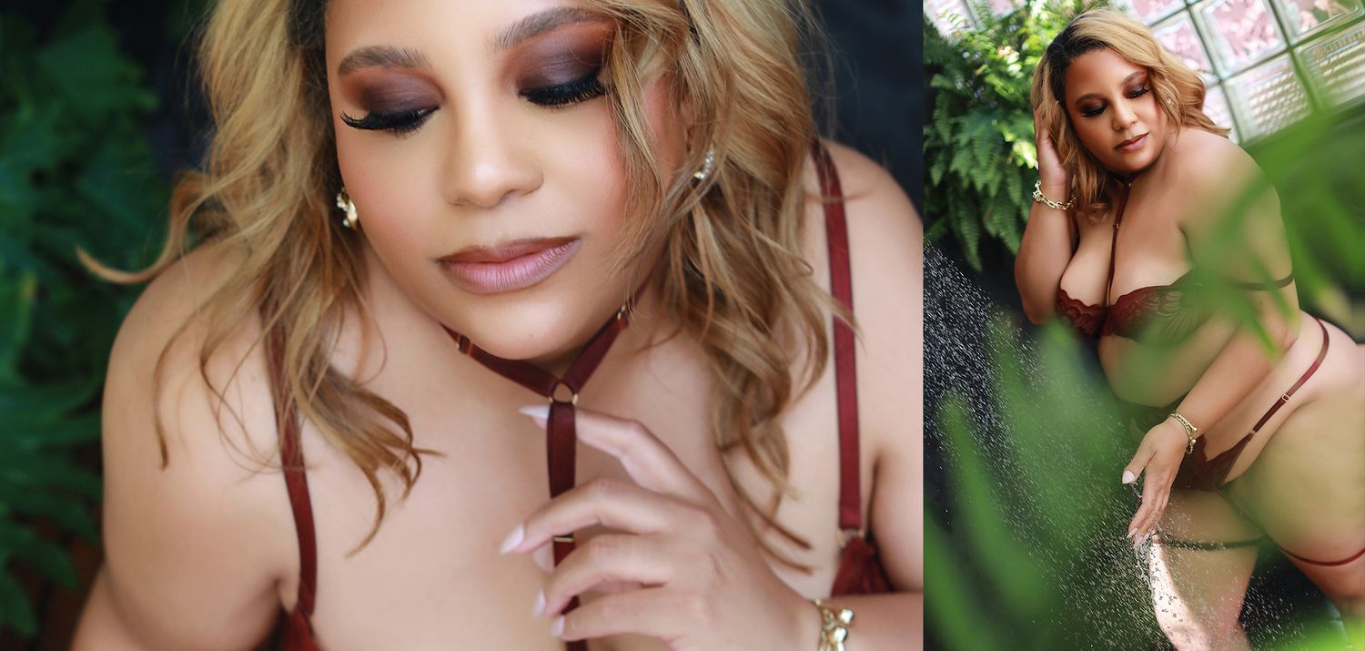 Two intimate boudoir style photos showing a model in soft lighting and natural surroundings.