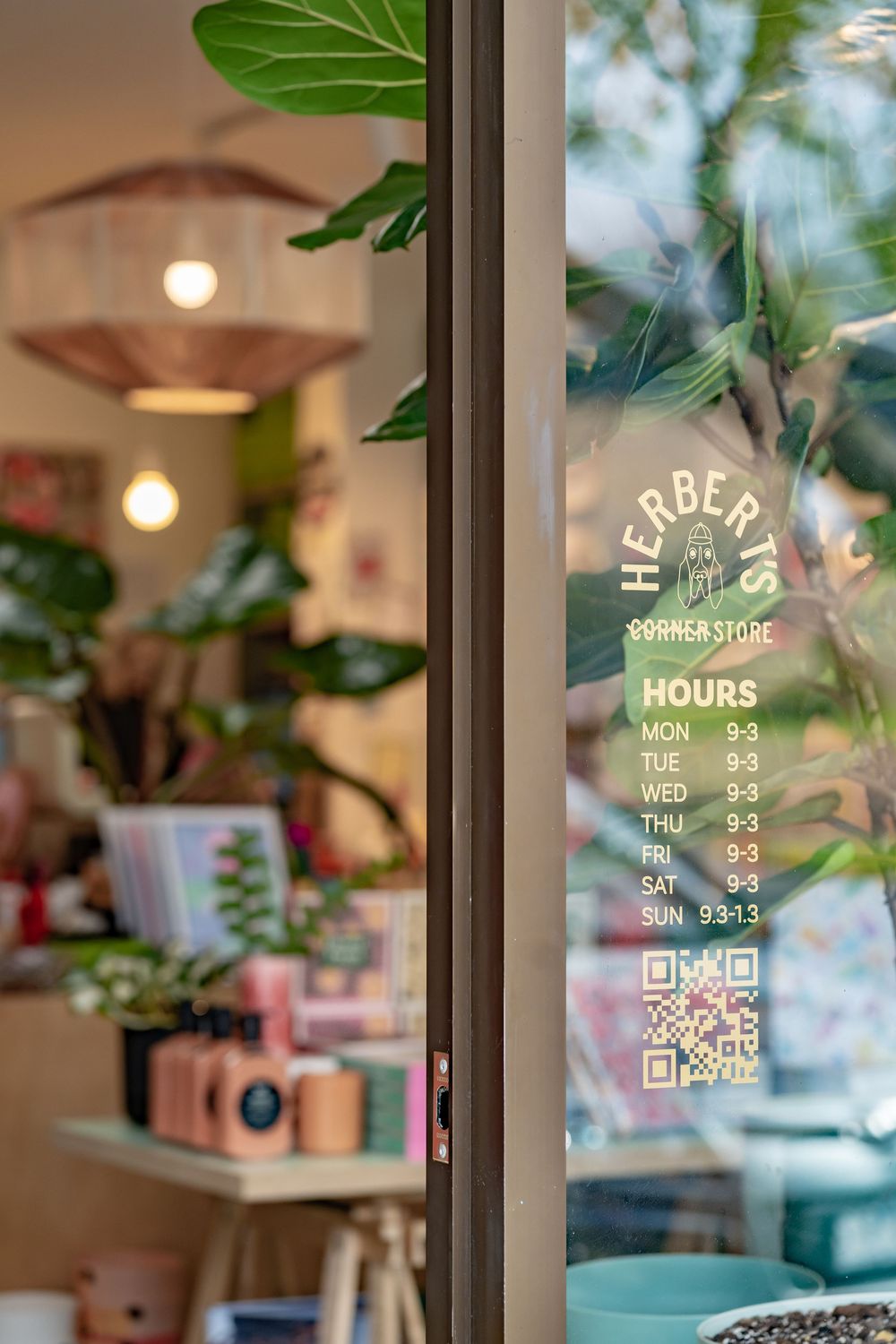 Store hours and QR code displayed on a glass window with indoor plants and warm lighting visible in the background.