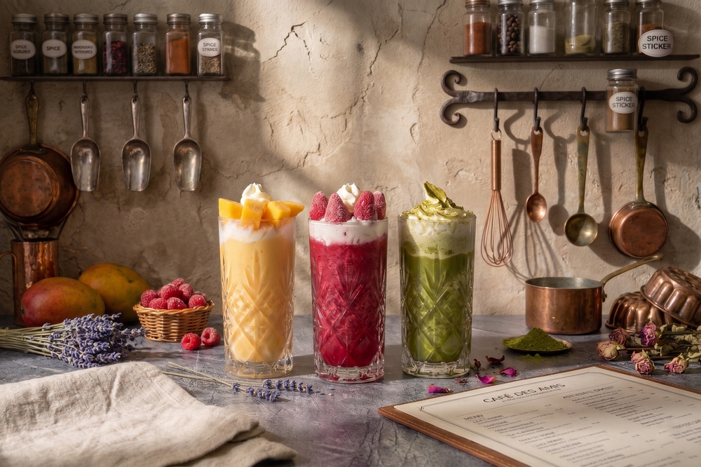 Three colorful layered smoothie drinks topped with whipped cream and fresh fruit displayed on a marble counter in a rustic kitchen.