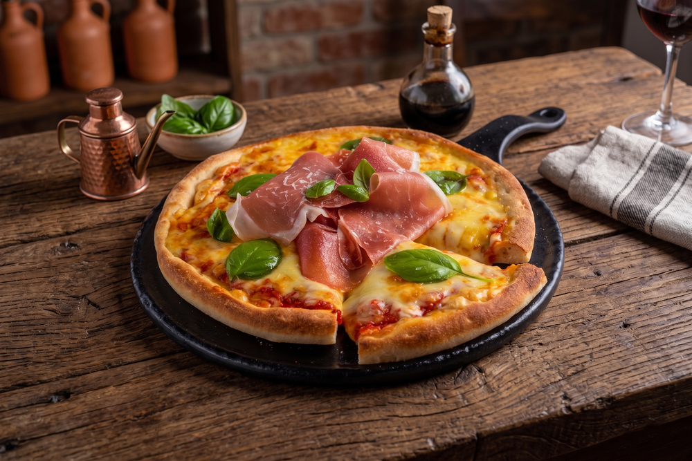 Prosciutto pizza with fresh basil and melted cheese on a cast iron pan, served on a rustic wooden table.