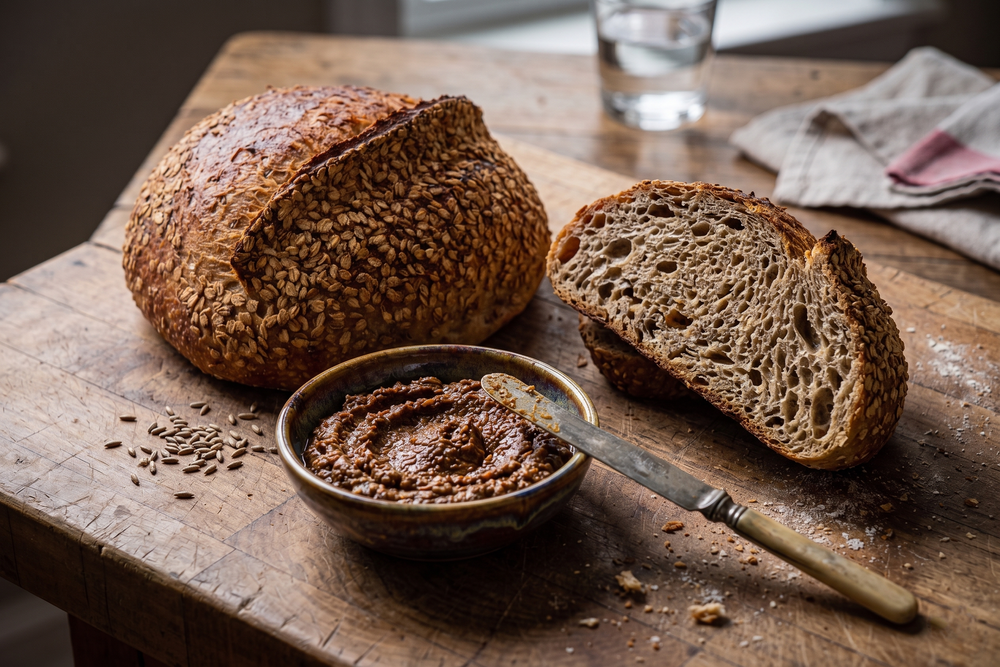 Rustic sourdough bread loaf sliced on wooden board with bowl of seed spread and knife.