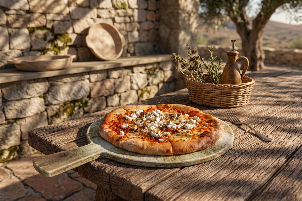 Rustic pizza with feta and tomato sauce on a stone table outdoors near a Mediterranean stone wall.