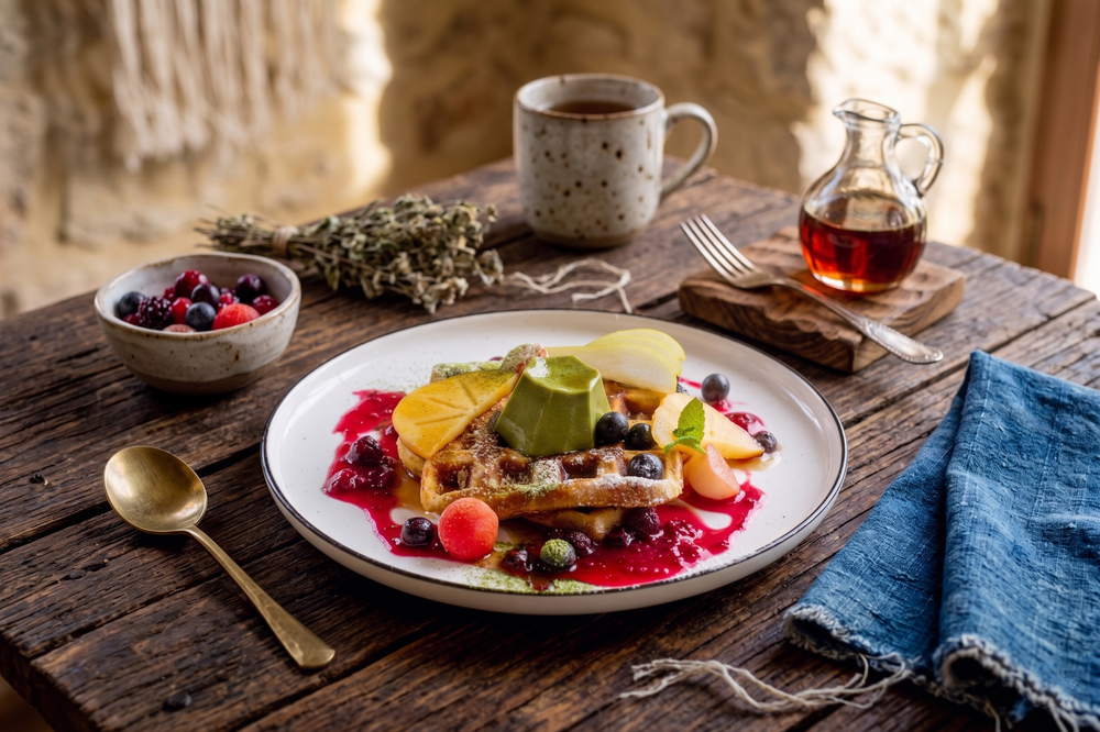 Rustic waffle dish topped with fresh berries, citrus, and berry sauce on a wooden table with maple syrup and coffee.