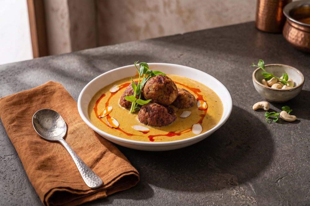 A white bowl of golden soup with three herb-garnished meatballs, drizzled with red sauce, served on a gray table.