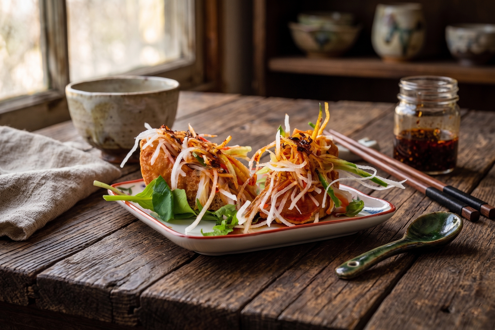 Asian slaw salad with julienned vegetables, bean sprouts, and crispy toppings on a rustic wooden table.