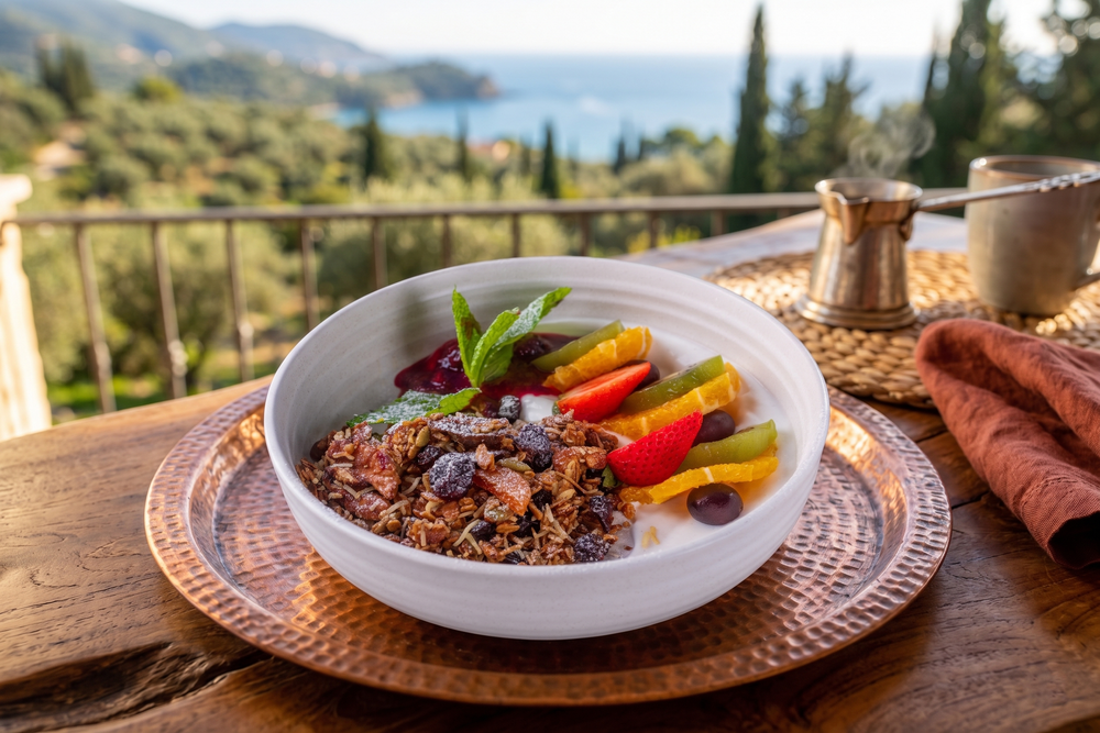 A colorful granola breakfast bowl with fresh fruit served on a copper tray with a scenic Mediterranean view.