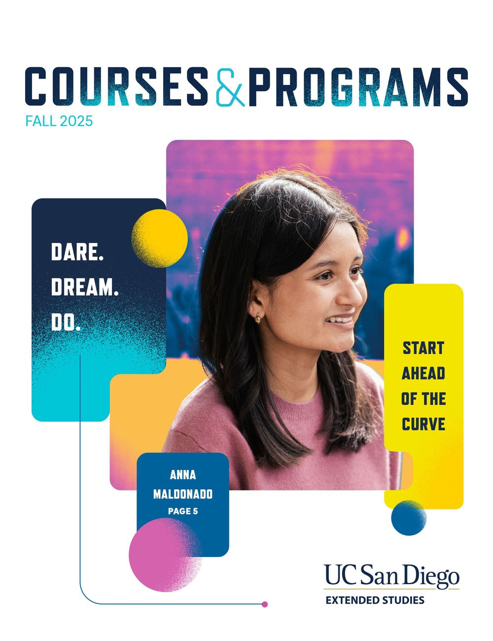 A series of colorful course catalog covers featuring abstract shapes and gradient backgrounds with UC San Diego branding.