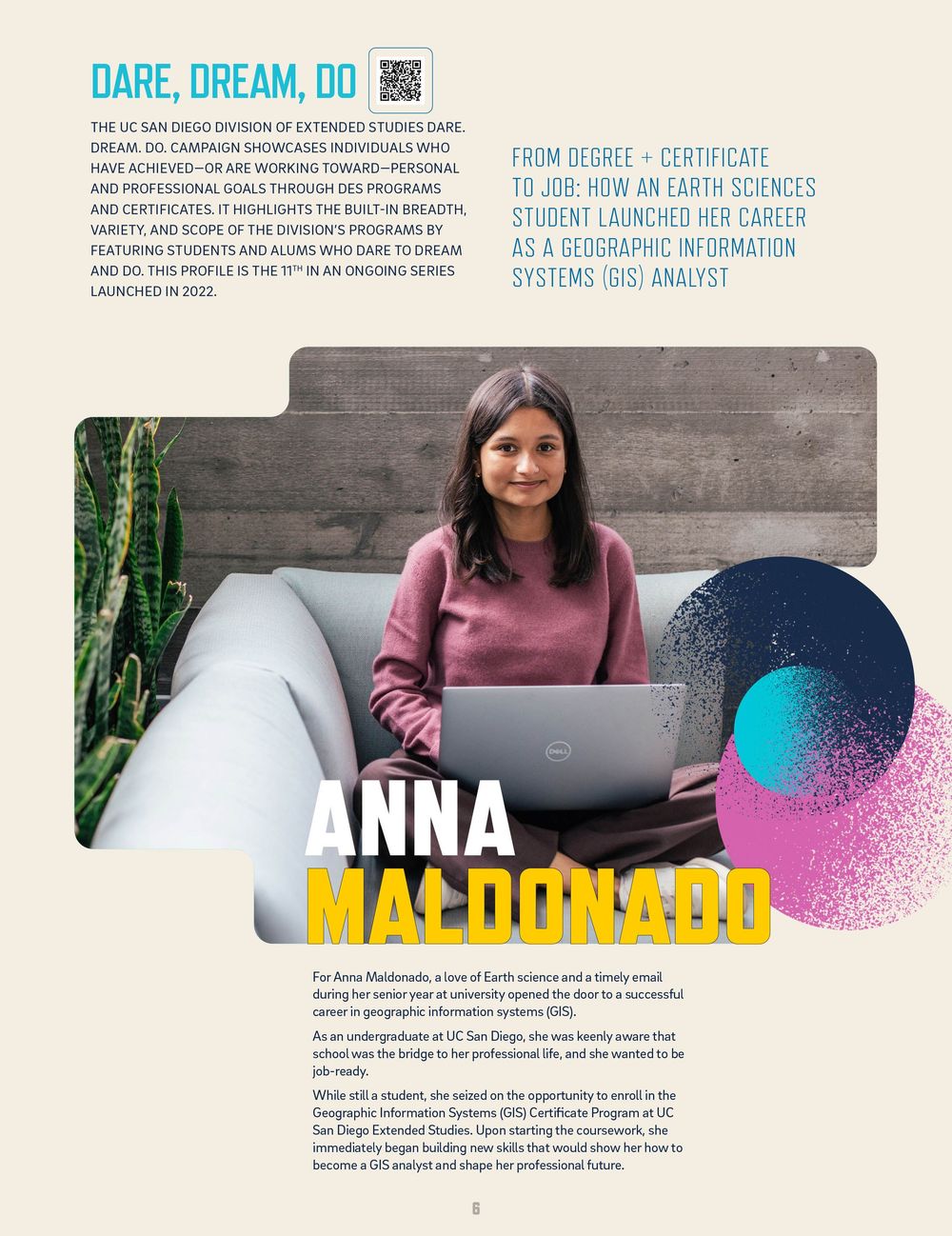 Professional website layout featuring pink and blue gradient design elements with laptop workstation setup.