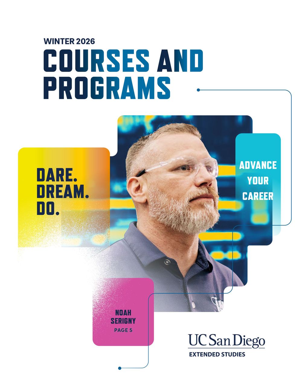 UC San Diego Extended Studies course catalog cover for Winter 2026 featuring modern geometric design elements in vibrant colors.