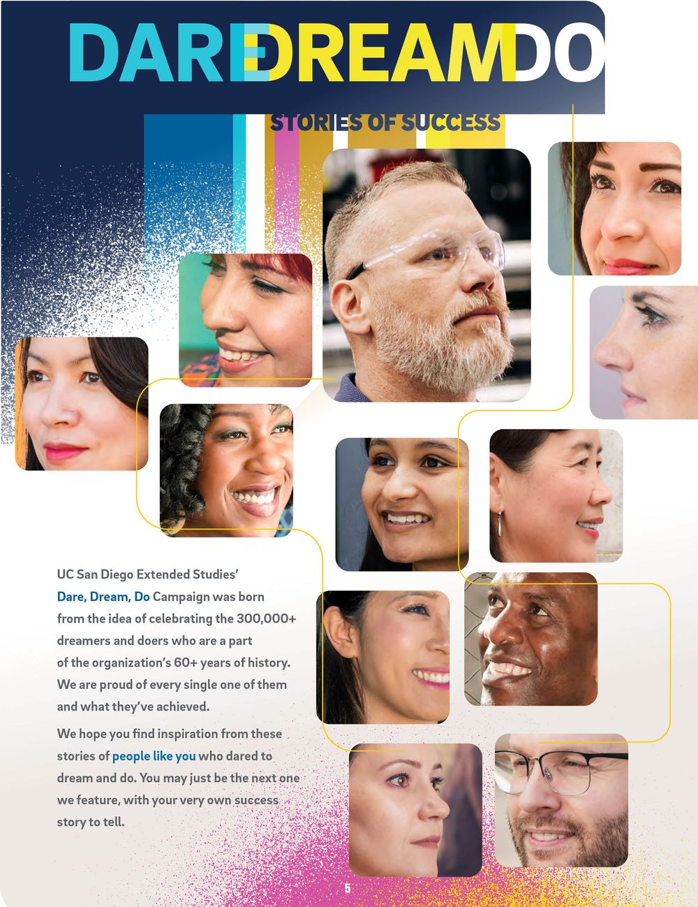A collage of diverse faces arranged on a blue and yellow gradient background with text reading 'DARDREAMDO' at the top.