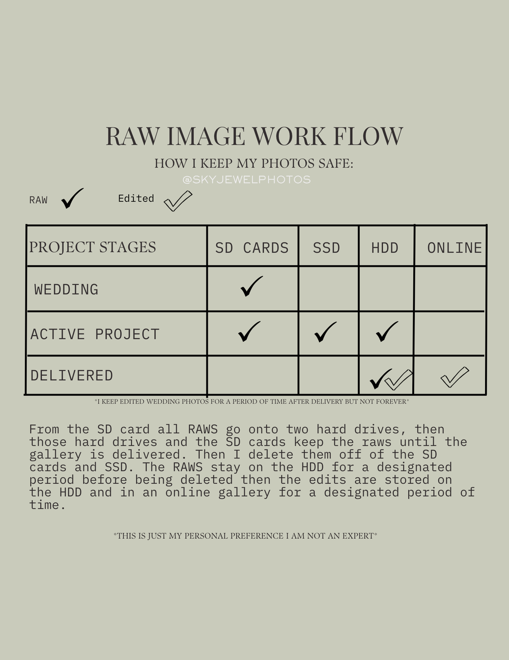 A workflow diagram showing steps for managing raw image files and backups across SD cards, SSD, HDD and online storage.