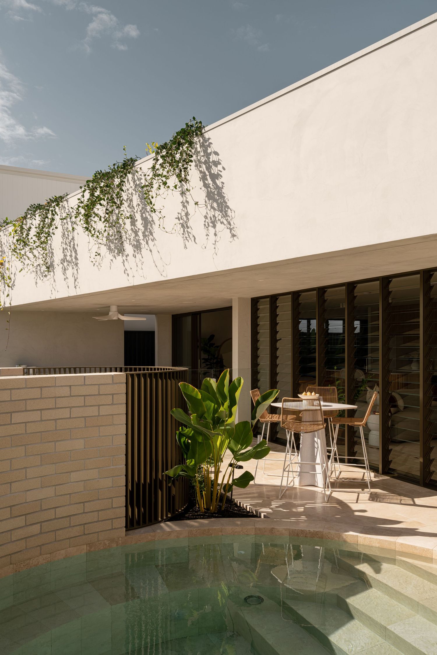 Modern patio space with plunge pool, hanging plants, and outdoor dining area in neutral tones.