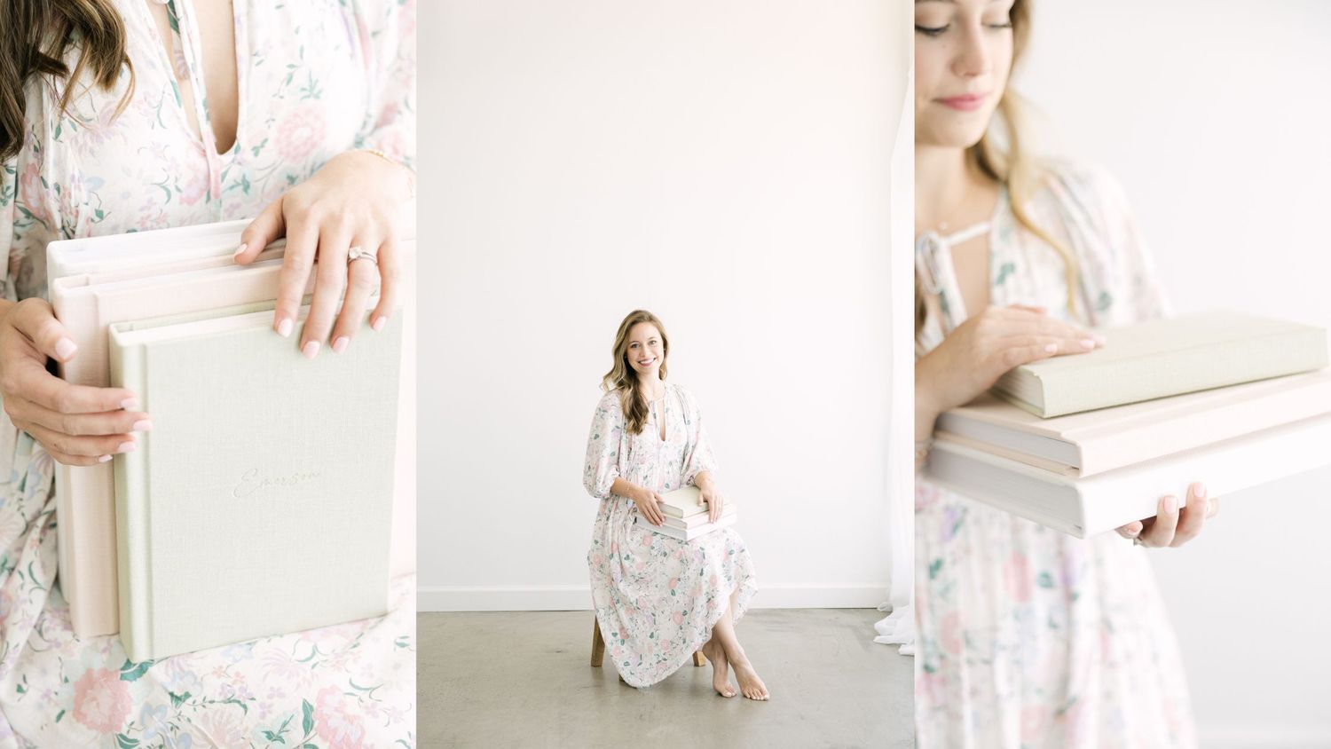 Headshot of Alex Ishee holding heirloom albums for Fairhope family photography in a bright and white studio.