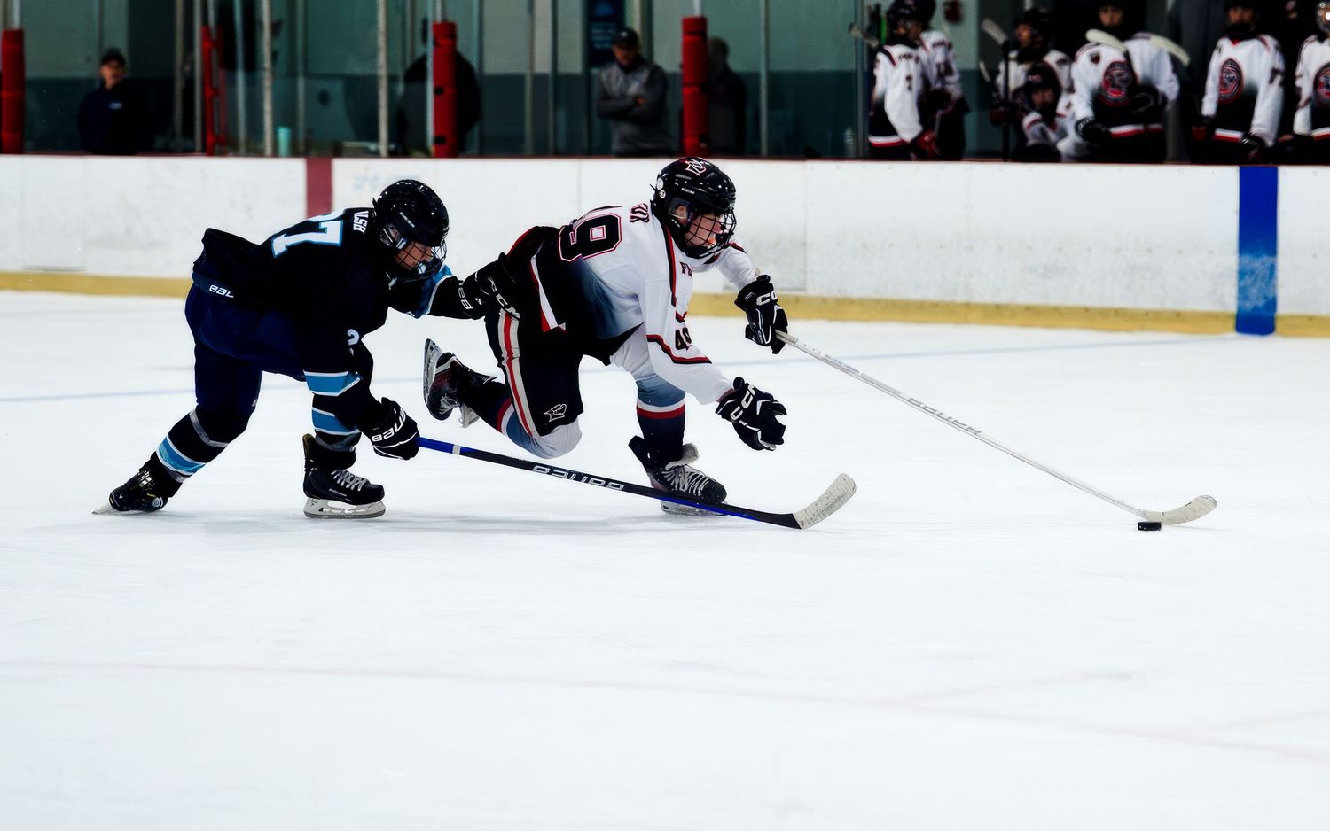 Palmyra Black Knights hockey player battling opponent for puck during game at York Ice Arena, York PA, by SportsFox Photography