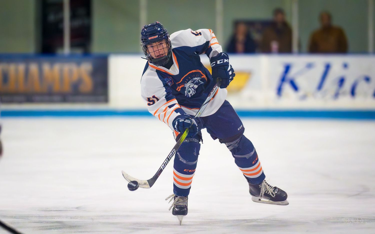 Hershey Trojans hockey player skating with puck during game action at Klick Lewis Arena, Palmyra PA, by SportsFox Photography