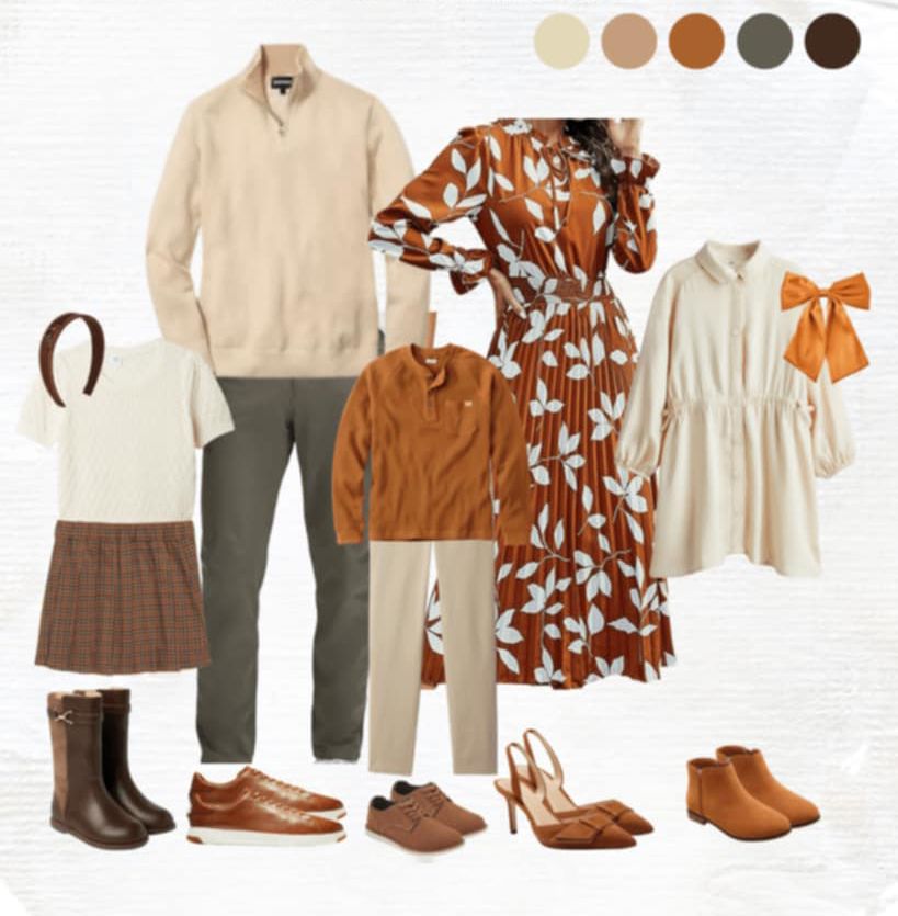 Fall fashion mood board featuring earth tone clothing pieces and brown leather accessories in a coordinated neutral palette.