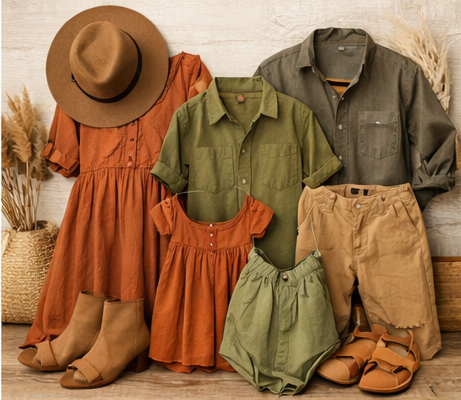 A collection of vintage-style clothing in earth tones featuring dresses, shirts, and accessories arranged in a rustic display.